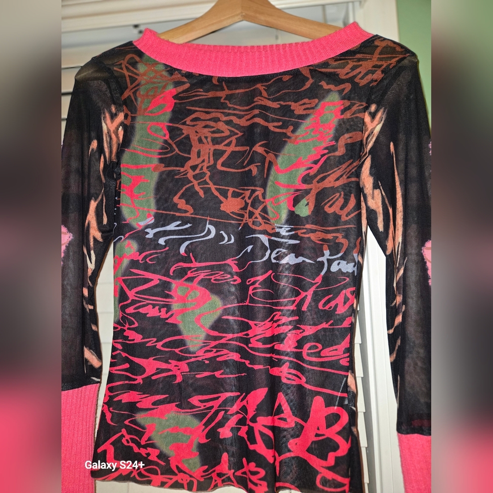 Black and Pink Sheer Graphic Long Sleeve Top